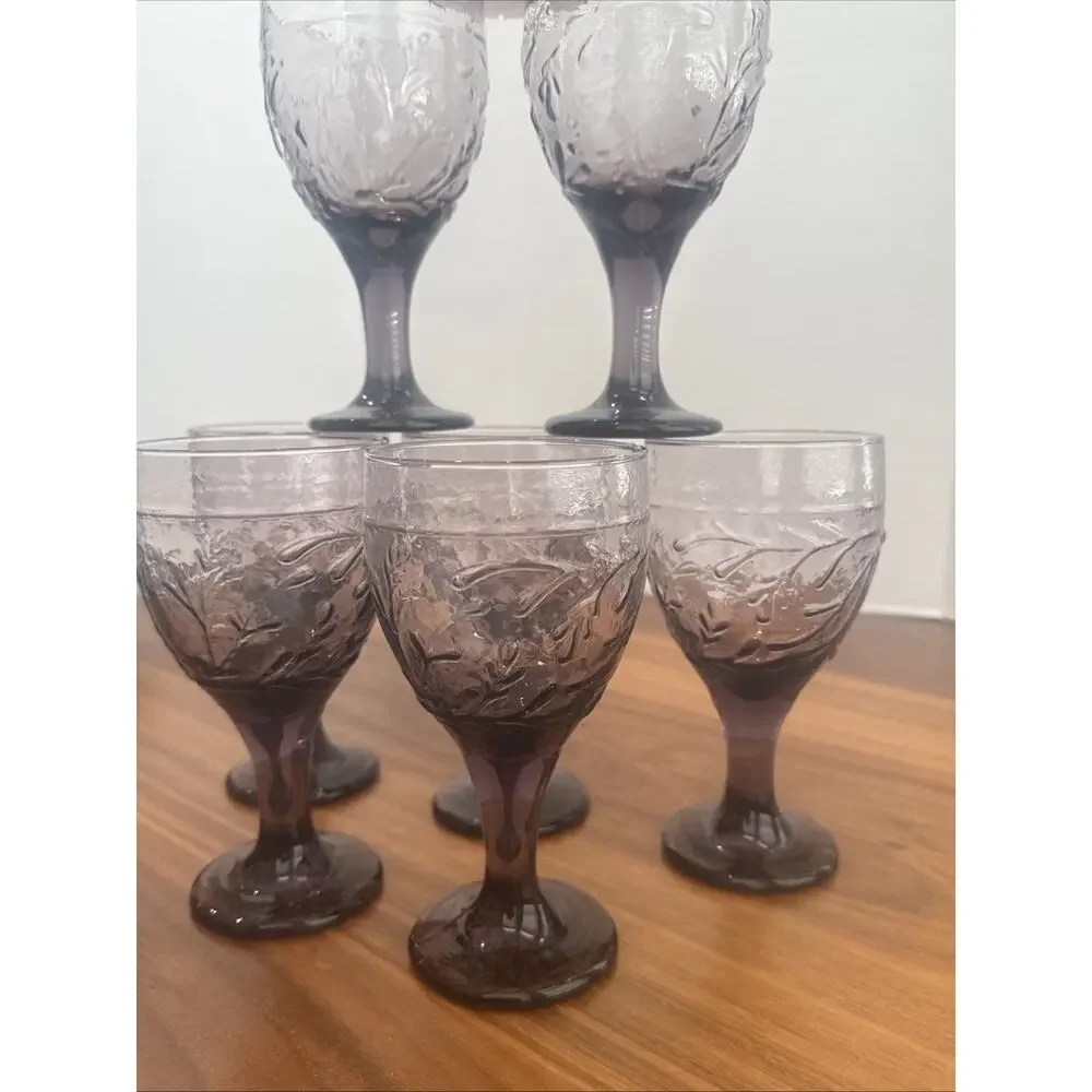 Libbey Garden Vine Amethyst Purple Hammered Stem Goblets Glasses 7